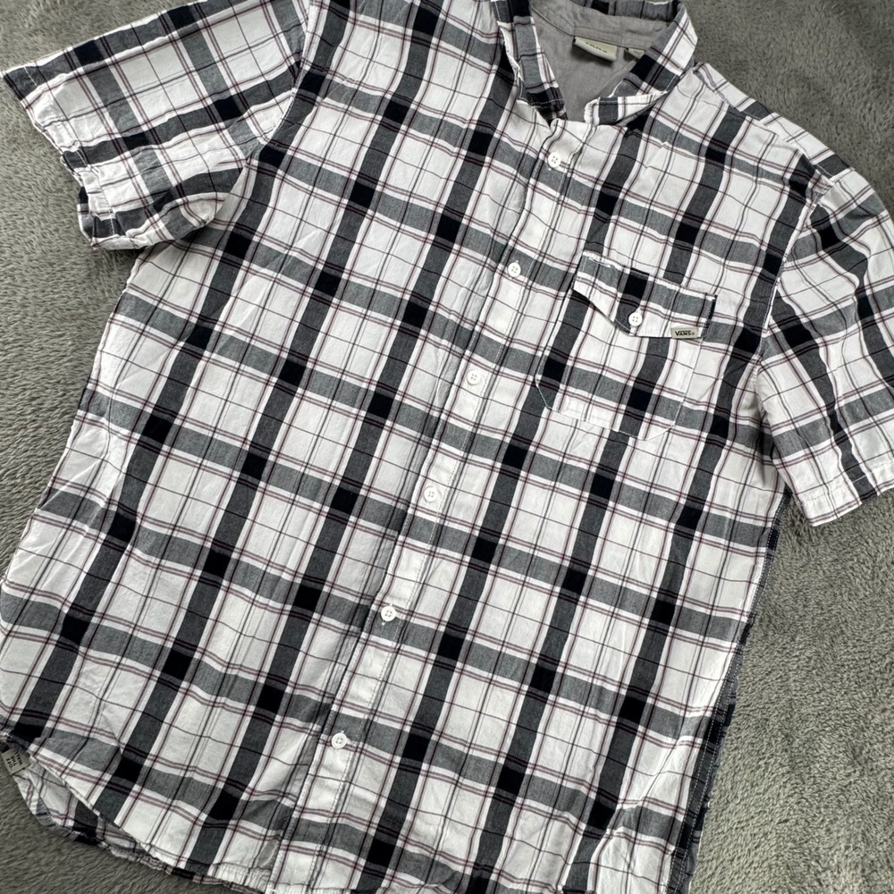 Vans Button Down Shirt Mens XL White Plaid Short Sleeve Excellent Cotton Skater